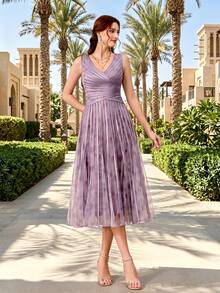 Vestido de noche elegante con cuello en V, estampado de malla, cordón y bajo asimétrico para boda y fiesta de primavera - Púrpura polvoriento - View 6