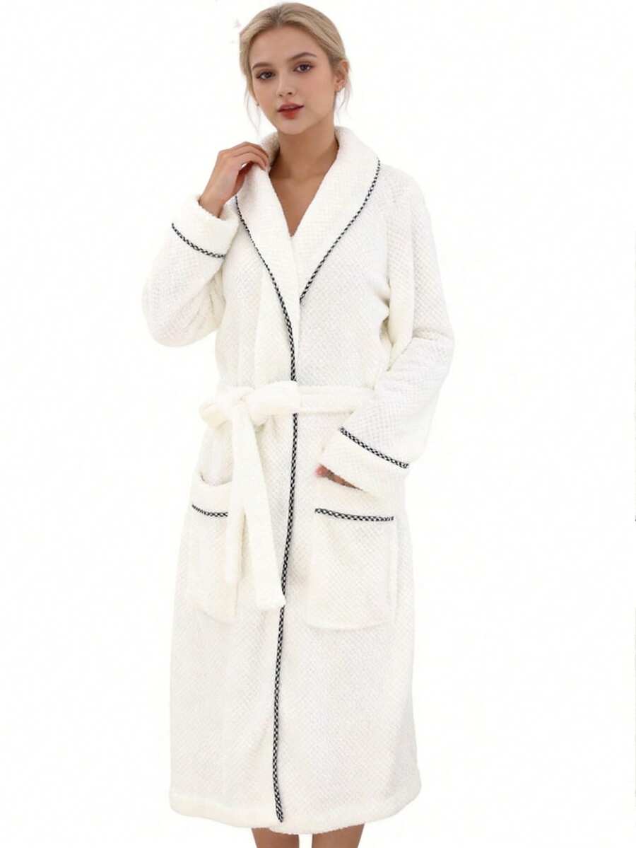 1pc Long Soft Comfortable Purple Bathrobe With Trim, Suitable For Home, Hotel, Spa, Gift