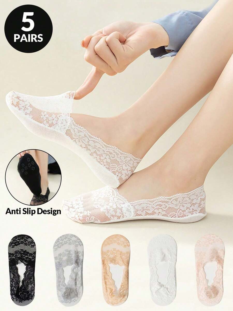 1/5/10/15/20 Pairs Women's Lace Invisible Socks, Scalloped Edge Boat Socks, Thin Low-Cut Short Socks, Non-Slip Comfortable Daily Versatile Socks - Multicolor - View 1