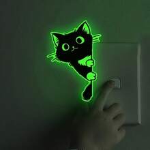 1/2 Pcs Green Glow-In-The-Dark Peeking Cat Wall Decal - 2D Flat Self-Adhesive PVC Sticker For Entryway, Bedroom, Kitchen, Living Room & Shop Decor, Cute Animal Home Art - Black Cat Wall Sticker - View 4