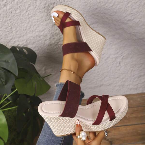 Purple Straw Woven Wedge Sandals For Women, Summer Outdoor Wear, Thick Sole Height-Increasing Cross Strap Platform Slippers, Lightweight And Comfortable, Suitable For Daily, Commuting, Party, Beach And Other Occasions, Can Be Matched With Dresses, Shorts, Versatile And Fashionable