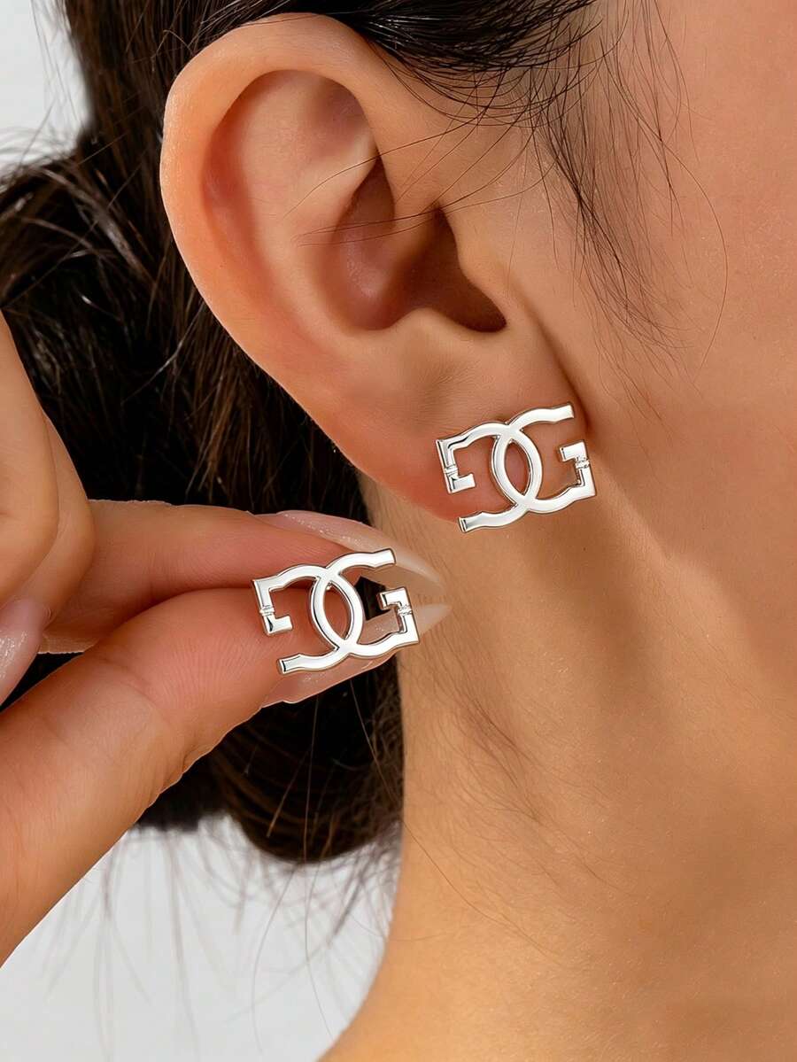 1件歐美簡約風高級金色字母耳釘耳環 女款 - 白金 - 查看 1