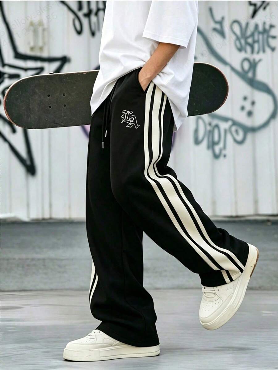 Men's Casual Outdoor Sports Straight Leg Pants With Contrast Stripes, Suitable For Spring And Autumn - Black - View 1