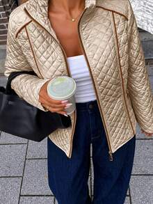 Giolshon 女款街頭風休閒連帽棉墊外套，附口袋，輕量絎縫填充外套，適合春季、秋季、冬季日常穿著 - 金色 - 查看 5