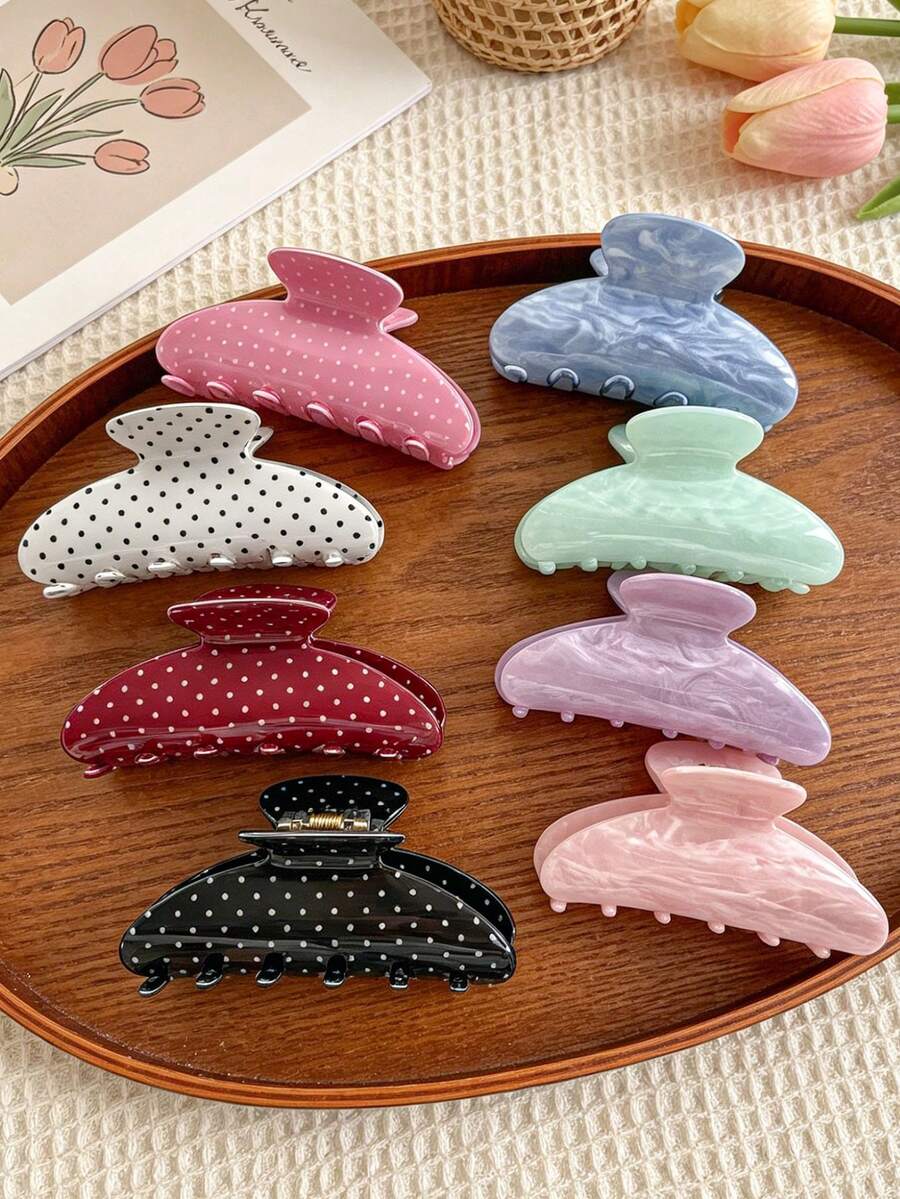 8pcs Women's Acrylic Polka Dot & Water Ripple Resin Claw Clips Set, Fashion Acrylic Material Water Ripple Medium Size Claw Clips Polka Dot Print Claw Clips Combination Set, Versatile Hair Accessories For Back Head Bun Styling - Multicolor - View 1