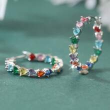 Waterproof Sparkling Colorful Heart-Shaped Cubic Zirconia Gold & Silver Dual-Tone Hoop Earrings, Luxury Vibe Women's Jewelry, Suitable For Evening Gala, Cocktail Party, Birthday Gathering, Daily Street Wear, Nightclub Look, Elegant Exquisite Party Gift Accessory - Silver - View 5