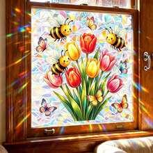 1pc Color Stained Glass Tulip Floral Window Stickers Iridescent Laser Holographic Butterfly Pattern Prism Light Refraction Self Adhesive PVC Decals For Household Bedroom Living Room Window Soft Natural Floral Scene Home Decor - Multicolor - View 9