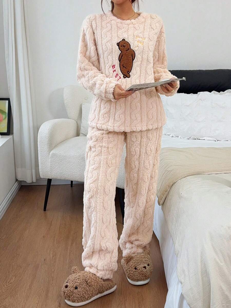 Dreamivo 2pcs/Set Women's Winter Bear Pattern Embroidered Thick Long Sleeve Long Pants Fleece Pajama Set - Apricot - View 1