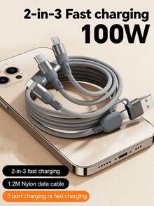 Durcord Cable de carga rápida 3 en 1 de 100W (máx.), USB A/Tipo C a Lightning, trenzado de nailon, compatible con smartphones/Android/Tipo C y dispositivos Micro USB, adecuado para teléfonos/tabletas/baterías portátiles, etc. - Multicolor - Ver 2