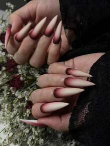 24 Peças Unhas Postiças Halloween Gótico Escuro Fosco Degradê, Unhas Falsas Stiletto Pontiagudas Extra Longas Nude a Bordô Pintadas com Spray, Acabamento Fosco Manicure, Adequado para Festa com Tema de Terror de Halloween - Vermelho - Visão 9