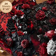 2D FLAT Baroque Relief Red & Black Rose Decorative Paper 24 Sheets 6*6 Inch Vintage Dark Pattern Scroll Black & White Rose Distressed Scrapbook Background Paper Gothic Dark Atmosphere Material Niche Vintage Scrapbook, Dark Valentine's Day Card, Decorative Painting, Anniversary Gift Wrapping DIY Material - Square - View 8
