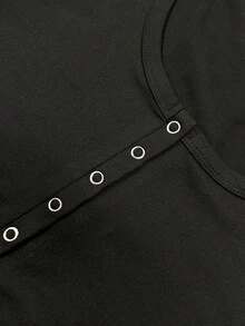 Women's U-Neck Long Sleeve T-Shirt, Spring/Autumn New Fashion Button Design, Pure Desire Hot Girl Style, Casual Versatile Slim Fit Cropped Top, Suitable For Daily Wear - Black - View 5