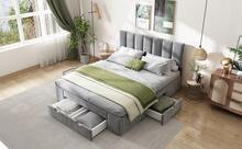 Bed Frame 140 X 200 Cm Velvet, With Spring Mattress, Headboard, 4 Drawers, Grey - 灰色 - 查看 8