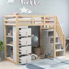 High Bed Frame 90 X 200 Cm With Storage, Shelves And Secure Ladder - Natural - 查看 2