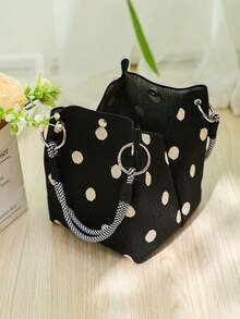 Minimalist Polka Dot Pattern Textured Top Handle Bag, Contrast Check Rope Strap Purse For Daily Outings And Coffee Dates - Black - View 3