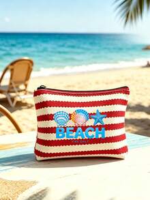 1/2 pièces/set Sac fourre-tout rayé & Sac de maquillage, motif imprimé "Plage", convient pour les vacances, les voyages, les trajets, les achats, cadeau pour la famille et les amis - Multicolore - Voir 12