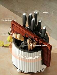 1pc Squishy Rounded Rotating Knife Rack, Neutral Solid‑Color Sturdy Plastic, Minimalist All‑Season Style For Adults, Countertop Kitchen Use, Draining Shelf For Knives Chopsticks Cutting‑Boards, Utensil‑Organizer, Stable Counter‑Top Kitchen‑Gadget - Multicolor - View 4