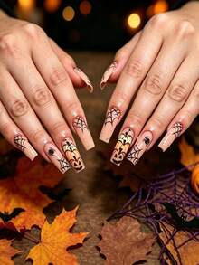 24pcs Halloween Long Coffin Press On Nails, Nude Beige Glossy Fake Nails With Spider & Pumpkin Face Print, Accented With Tiny 3D Rhinestones,Reusable Manicure Nail Kit,Suitable For Girls And Women Daily Wear, Holiday Party And Gift - Multicolor - View 1