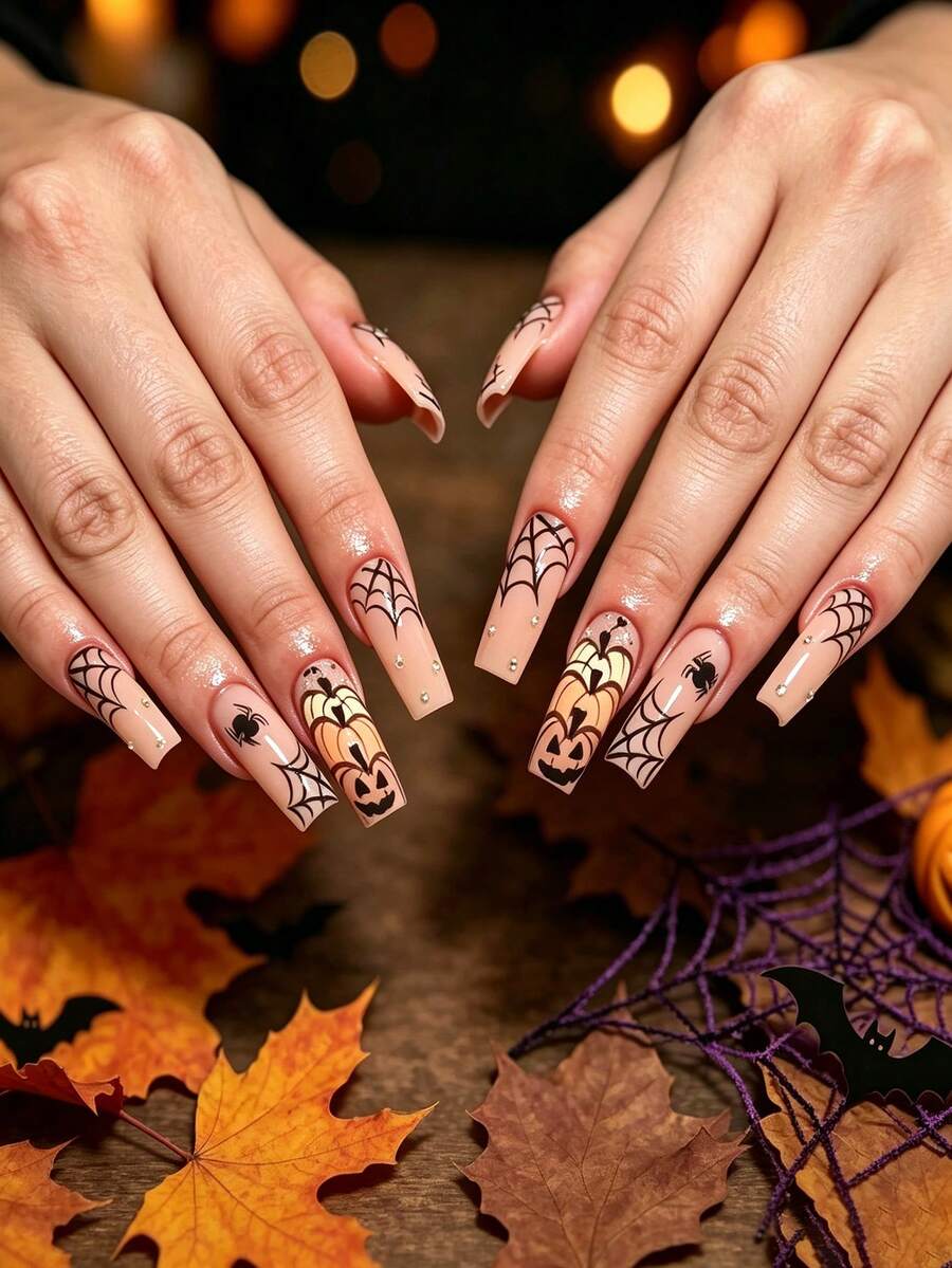 24pcs Halloween Long Coffin Press On Nails, Nude Beige Glossy Fake Nails With Spider & Pumpkin Face Print, Accented With Tiny 3D Rhinestones,Reusable Manicure Nail Kit,Suitable For Girls And Women Daily Wear, Holiday Party And Gift - Multicolor - View 1