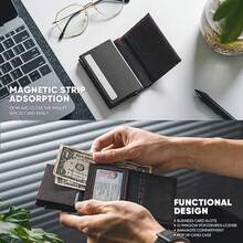 Tarjetero de cuero auténtico plegable con compartimento para billetes, ventana de identificación y bolsillo para monedas, Small - Alcantara Gris Oscuro - Ver 5