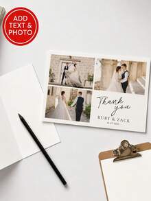 Personalized Paper Thank You Card, Rustic Four Photo Collage Design, CreamWhite Border, Custom Names & Date Detail, Wedding Greeting Card For Bridal S - Multicolor - View 5