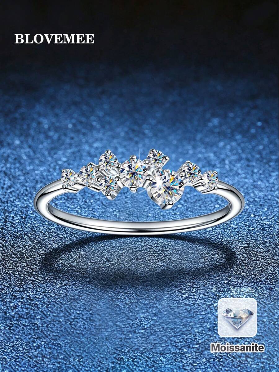 BLOVEMEE 1pc Exquisite Luxurious 925 Silver 3.0mmX1 2.5mmX1 1.8mmX2 1.6mmX5 Total 0.5ct Moissanite Ring, Suitable For Women's Daily Wear, Party, Vacation, Valentine's Day, Mother's Day, Wedding Anniversary, Jewelry Gift For Women - Silver - View 1