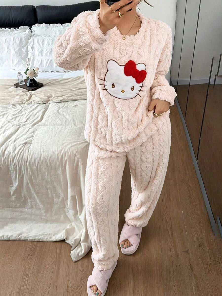 SANRIO 2pcs/Set Women's Winter Hello Kitty Plush Thick Fleece Crew Neck Long Sleeve Pants Pajama Set - Apricot - View 1
