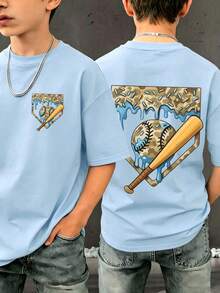 Tween Boy Casual Fun Graphic Print Crew Neck Short Sleeve T-Shirt Summer Top - Baby Blue - View 1