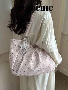 Light Pink Polka Dot Tote Bag, Silver Star Pendant Soft PU Shoulder Bag With Outer Zipper Pocket For Students Daily Campus - Pink - View 4