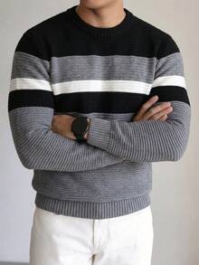 Men's Colorblock Wide Stripe Crew Neck Knit Pullover, Casual Slim Fit Everyday Top - Grey - View 1