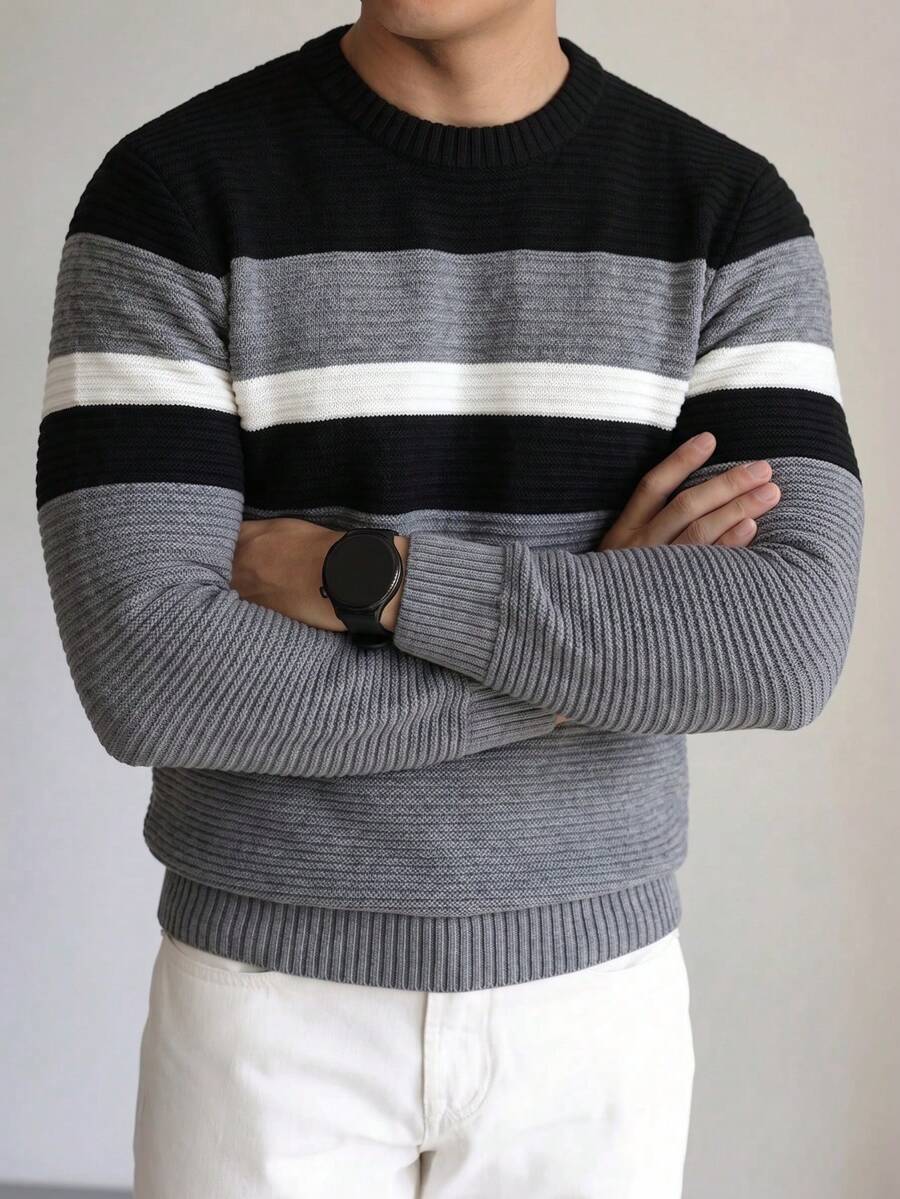 Men's Colorblock Wide Stripe Crew Neck Knit Pullover, Casual Slim Fit Everyday Top - Grey - View 1