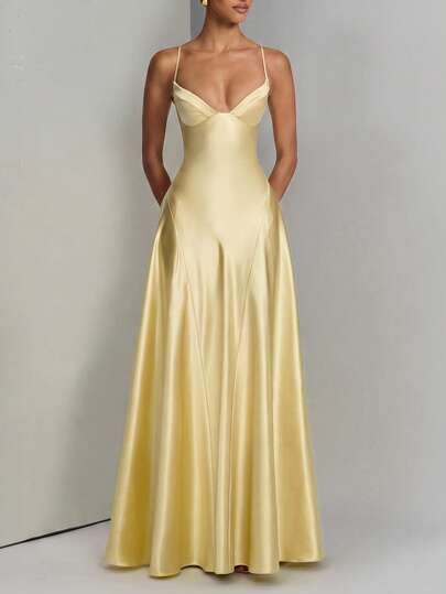 Satin Deep V-Neck Spaghetti Strap Maxi Dress, Slim Fit Flowy Floor-Length Evening Gown, Elegant Formal Attire Yellow Summer