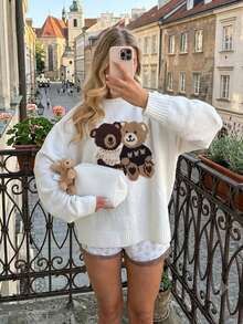 Women's Beige Cute Double‑Bear Jacquard Knit Sweater, Round Neck Loose Drop‑Shoulder Ribbed Long‑Sleeve Pullover, Fall Back‑To‑School Outfit, - White - View 3