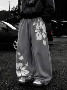 Pantalon de survêtement large pour homme Fractyr, imprimé floral marguerite vintage usé, gris foncé, taille élastique à cordon de serrage, lavé, ample, style streetwear baggy - Gris foncé - Voir 1