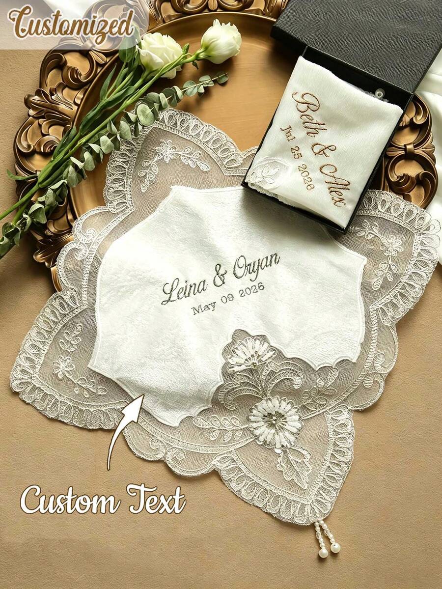 Personalized Embroidered Bridal Handkerchief, Customizable Name And Wedding Date, Elegant Lace Wedding Handkerchief, Suitable For Bride, Wedding Keepsake Gift - Multicolor - View 1