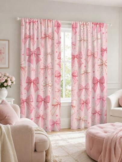 2 Stück, Rosa Schleife bedruckte Vorhänge, Polyester Vorhänge mit Stangendurchzug für Schlafzimmer, süße romantische Heimdekoration, Wohnzimmer Erkerfenster Behandlungen, Raumausstattung, Fensterabdeckungen Textilien
