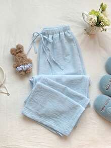 Women's Summer Lightweight Breathable Casual Pants, Light Blue Elastic Waist Drawstring Loose Drape Lazy Wide Leg Long Pants - Baby Blue - View 3