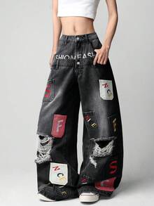 1件美式街頭風女款多口袋拼接雙腰刺繡破洞磨損寬鬆寬腿牛仔長褲休閒款 - 黑色 - 查看 7