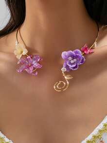 1 Stück zartrosa Farbverlauf Blumen asymmetrischer Schmetterling Blumen Spirale offener Hals Kragen Nischen Urlaub Schlüsselbein Halskette - Blumenhalsband - Übersicht 5