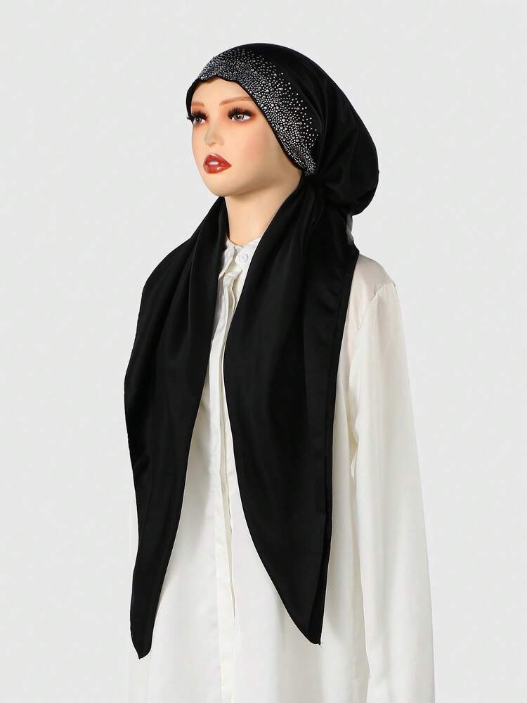 1PC Women's Solid Color Muslim Head Scarf, Fashionable Minimalist One Size Thin Head Scarf, Towel Conservative, Breathable Hijab For Prayer And Daily Wear - Rhinestone Design - View 19