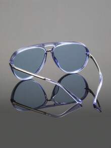 1 Pair Men's Blue Double Bridge Aviator Fashion Sunglasses, Refreshing Minimalist Mature Style Versatile Sunglasses, Suitable For Daily Commute, Business Office, Outdoor, Street, Travel, Vacation, Driving - Transparent Blue Film - View 5