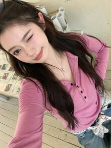 Half-Open Collar Solid Color Button Long Sleeve T-Shirt Early Autumn Design Women's Top - Hot Pink - View 1