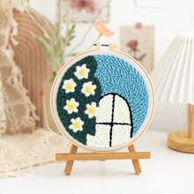 1pc Round Wooden Frame Floral Punch Needle Kit, Pink Background And White Flower Craft Materials For Making A Handmade Botanical Wall Art, Beginner DIY Decor Project For Living Room Or Bedroom, Birthday, Housewarming, Holiday Gift For Friends - Punch Needle Embroidery - View 9