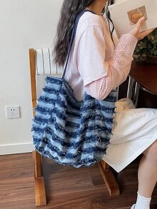 女士大容量單肩包 慵懶風丹寧女包 時尚女士托特包 - 彩色 - 查看 7