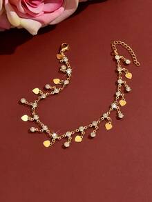 Gentle Gold Heart-Shaped Luxury Tassel Anklet, Suitable For Beach Vacation, Photo-Worthy Party Sweet Accessory - 1912-hB - View 5