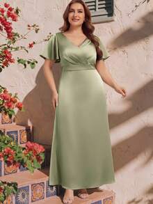 EVERPRETTY Gaun Malam Maxi Satin Hijau Sage Ukuran Plus Elegan dengan Leher V dan Lengan Berkerut, Cocok untuk Tamu Pernikahan di Taman. - Mint Green - View 7