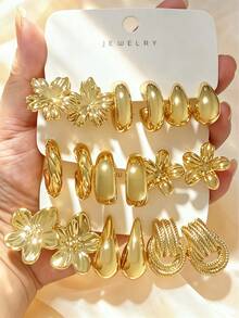 6/18pcs Elegant Women's Earring Set, Fashionable Charming Design, Floral Teardrop Twisted C-Shape And More Styles Multi-Piece Combination, Minimalist Gold Thick Earring Jewelry Accessories Suitable For Daily Wear - Gold - View 11