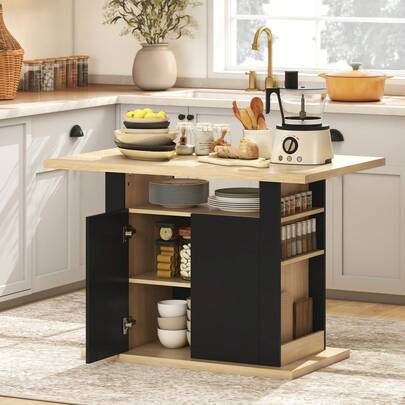 HOMCOM Kitchen Island Dining Table With Storage Cabinet, Large Tabletop For 4 People, 4-Door Cabinet & Shelves, For Dining Room, Black