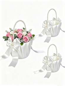 1/2/3pcs Wedding Flower Girl Basket, Cute Pearl Handle Bow Satin Flower Basket For Wedding Ceremony - Ivory - Regular Model - View 2