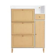 Estantería para zapatos de mimbre - Ideal para espacios reducidos - 3 puertas abatibles y 1 cajón - - Natural y blanco - Ver 9